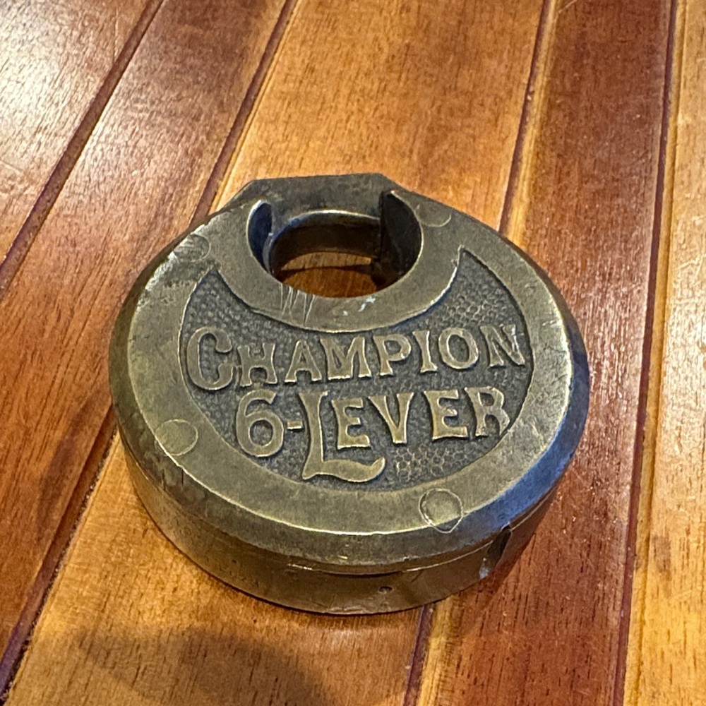 Vintage Champion Brass 6-Lever Pancake Padlock No Key